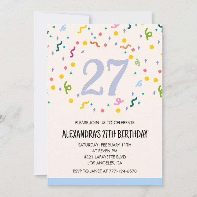 Invitaciones sencillas de cumpleaños 27 Confeti Mo (Anverso)