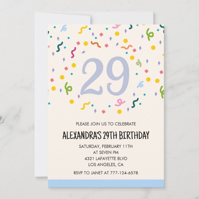 Invitaciones sencillas de cumpleaños 29 Confeti Mo (Anverso)