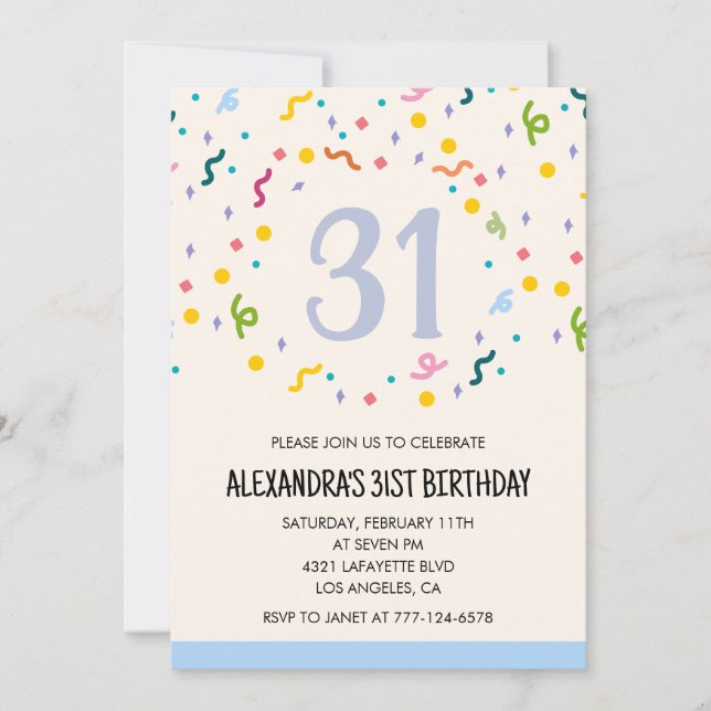 Invitaciones sencillas de cumpleaños 31 Confeti Mo (Anverso)