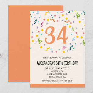Invitaciones sencillas de cumpleaños 34 con confet