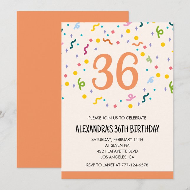 Invitaciones sencillas de cumpleaños 36 con confet (Anverso / Reverso)