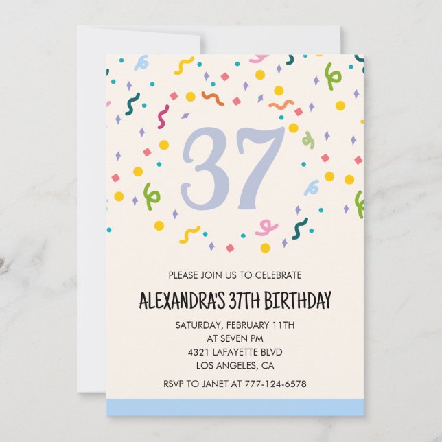 Invitaciones sencillas de cumpleaños 37 Confeti Mo (Anverso)