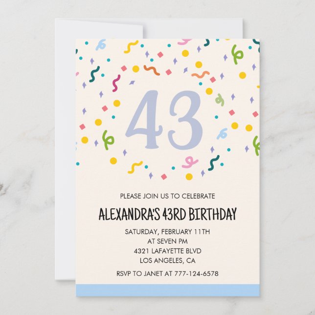 Invitaciones sencillas de cumpleaños 43 Confeti Mo (Anverso)