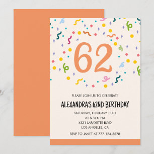 Invitaciones sencillas de cumpleaños 62 con confet