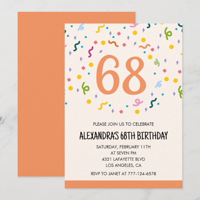 Invitaciones sencillas de cumpleaños 68 con confet (Anverso / Reverso)