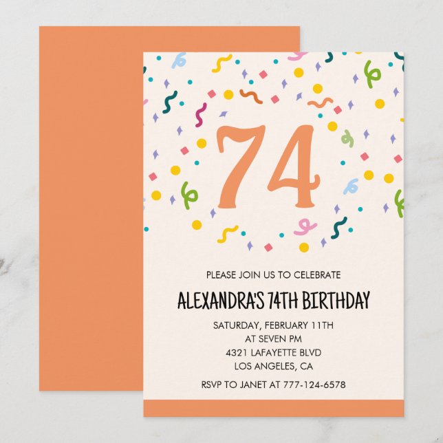 Invitaciones sencillas de cumpleaños 74 con confet (Anverso / Reverso)