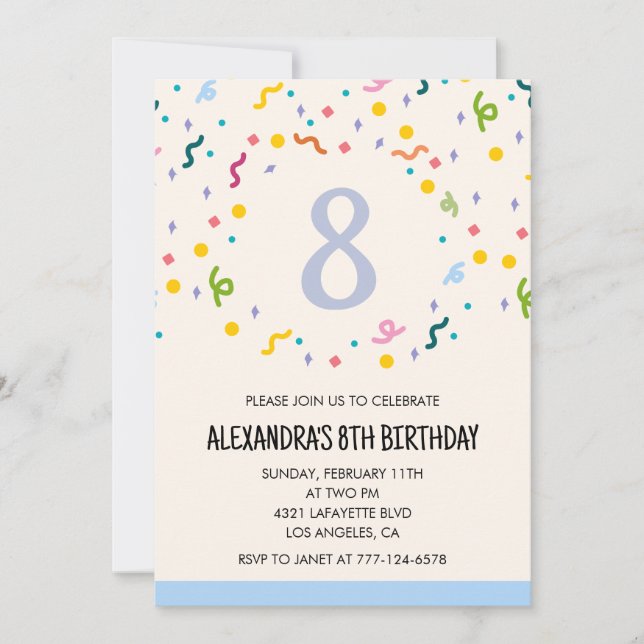 Invitaciones sencillas de cumpleaños 8 Confeti Mod (Anverso)