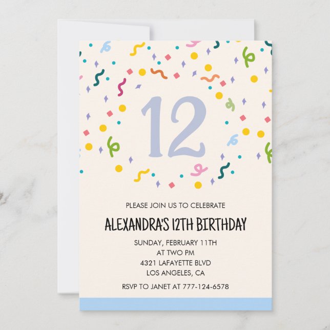 Invitaciones sencillas de cumpleaños número 12 Con (Anverso)