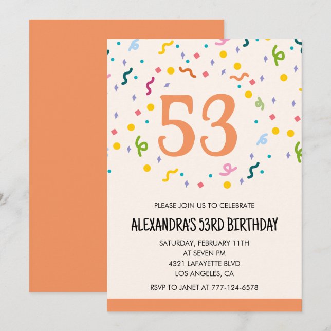 Invitaciones sencillas de cumpleaños número 53 con (Anverso / Reverso)