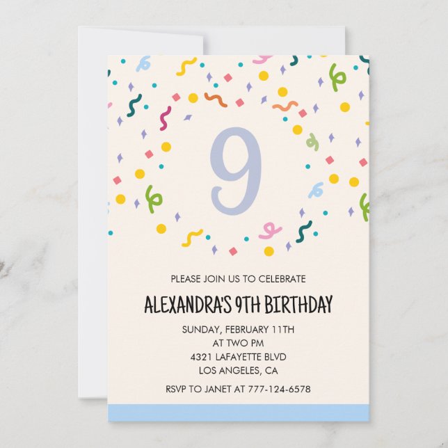 Invitaciones sencillas de cumpleaños número 9 Conf (Anverso)