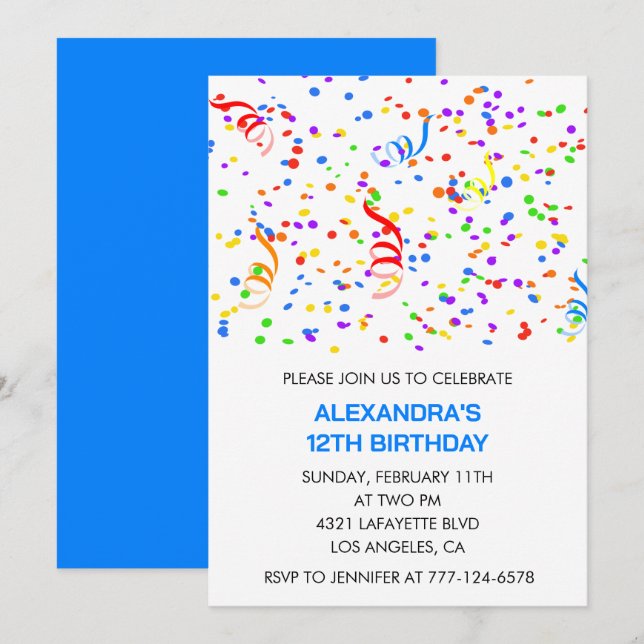 Invitaciones sencillas para cumpleaños 12 Confeti  (Anverso / Reverso)