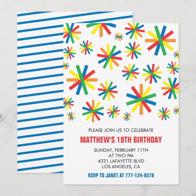 Invitaciones sencillas para cumpleaños 19 Confeti  (Anverso / Reverso)