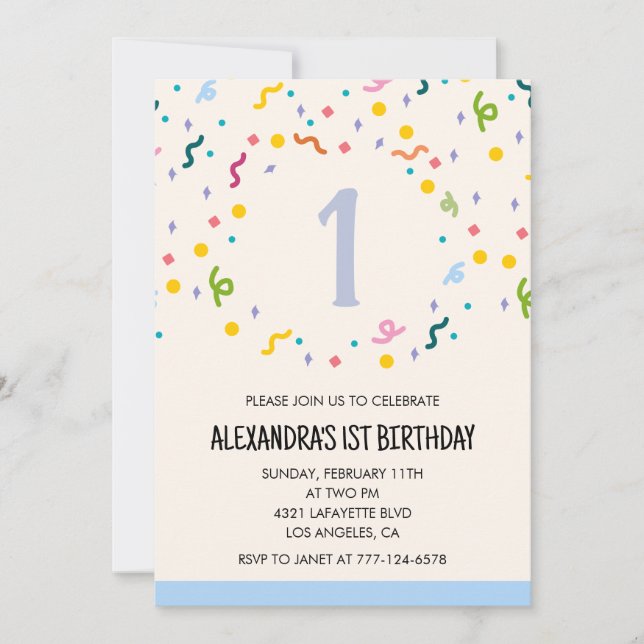 Invitaciones sencillas para cumpleaños 1 Confeti M (Anverso)