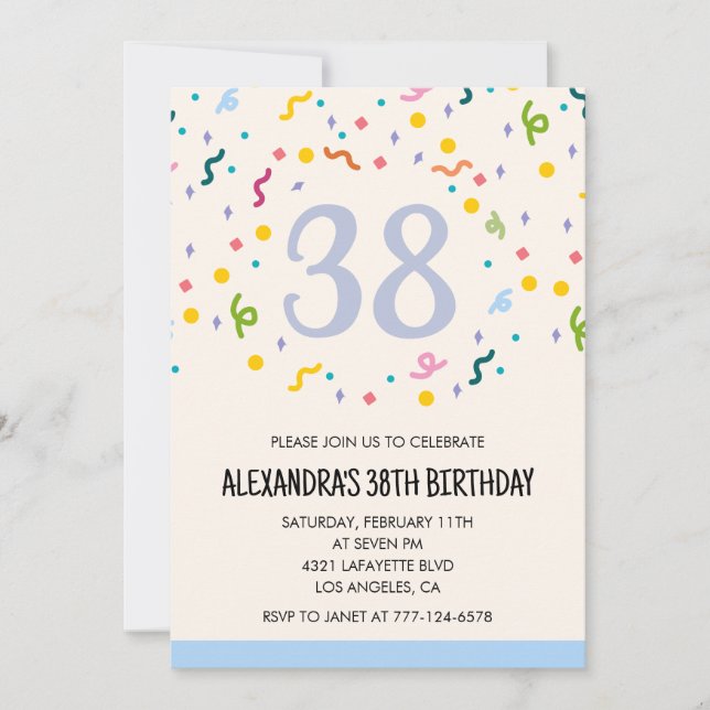 Invitaciones sencillas para cumpleaños 38 Confeti  (Anverso)