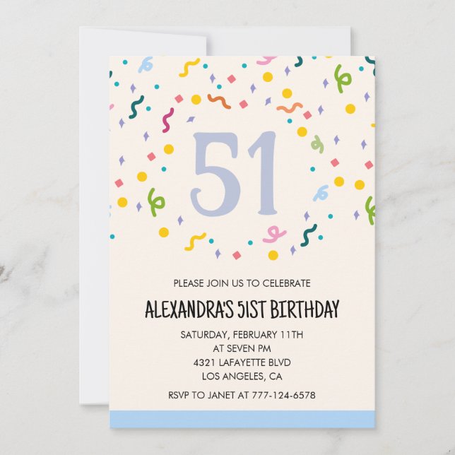 Invitaciones sencillas para cumpleaños 51 Confeti  (Anverso)