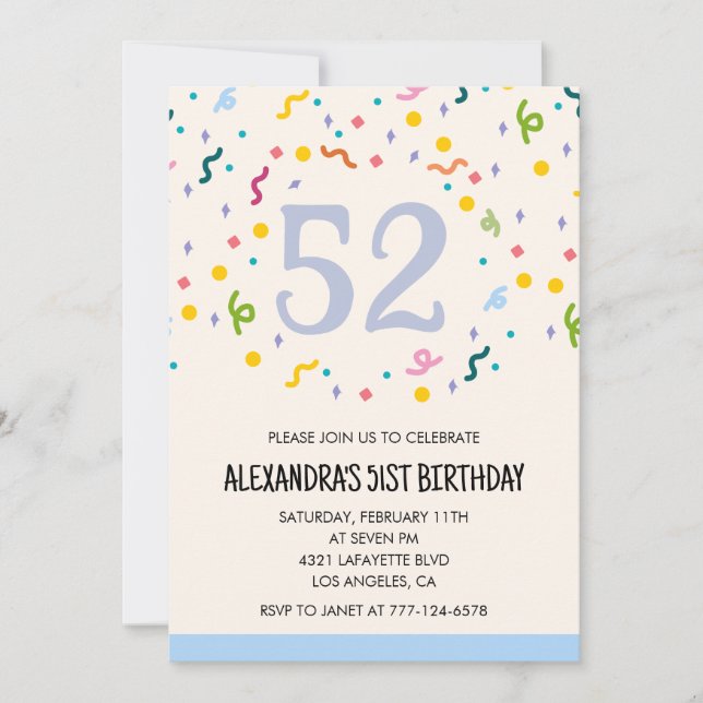 Invitaciones sencillas para cumpleaños 52 Confeti  (Anverso)
