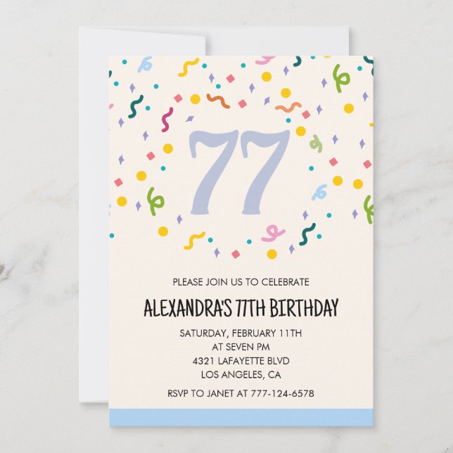 Invitaciones sencillas para cumpleaños 77 Confeti  (Anverso)