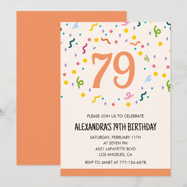 Invitaciones sencillas para cumpleaños 79 Confeti  (Anverso / Reverso)