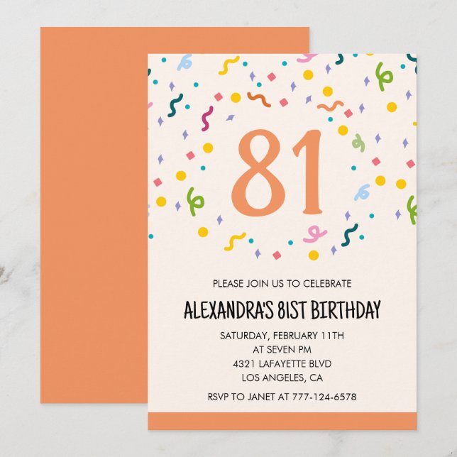 Invitaciones sencillas para cumpleaños 81 Confeti  (Anverso / Reverso)