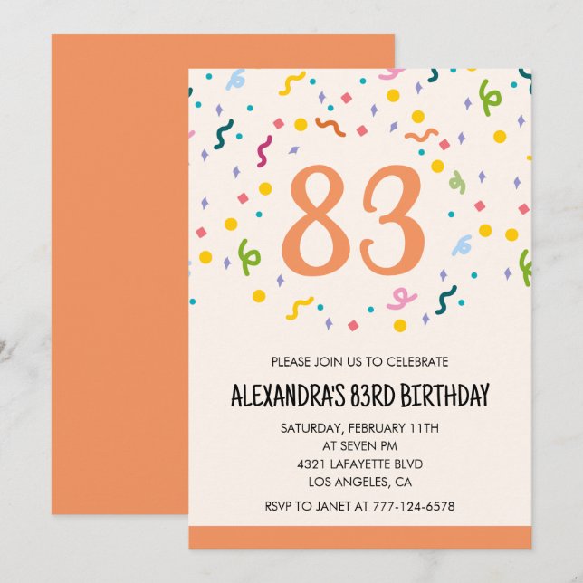Invitaciones sencillas para cumpleaños 83 Confeti  (Anverso / Reverso)