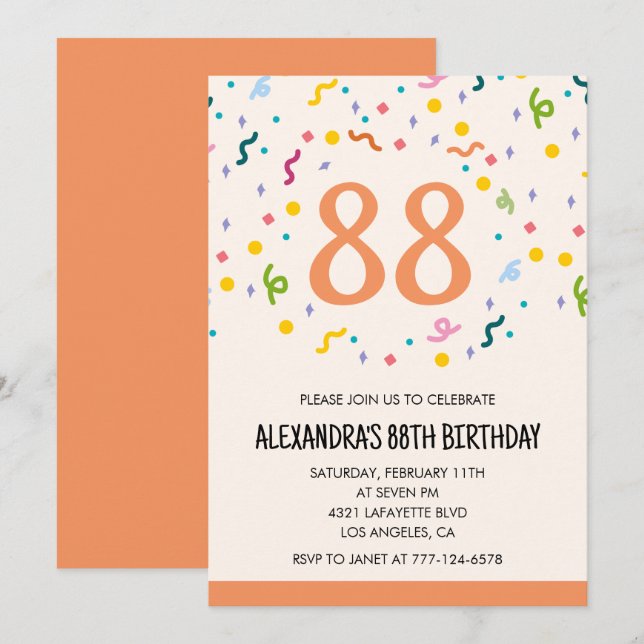 Invitaciones sencillas para cumpleaños 88 Confeti  (Anverso / Reverso)