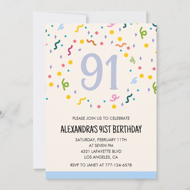 Invitaciones sencillas para cumpleaños 91 Confeti  (Anverso)
