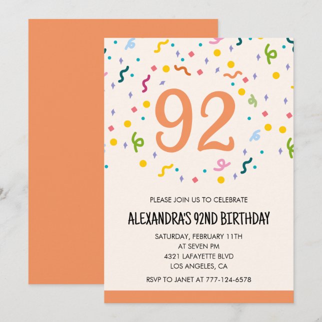 Invitaciones sencillas para cumpleaños 92 Confeti  (Anverso / Reverso)