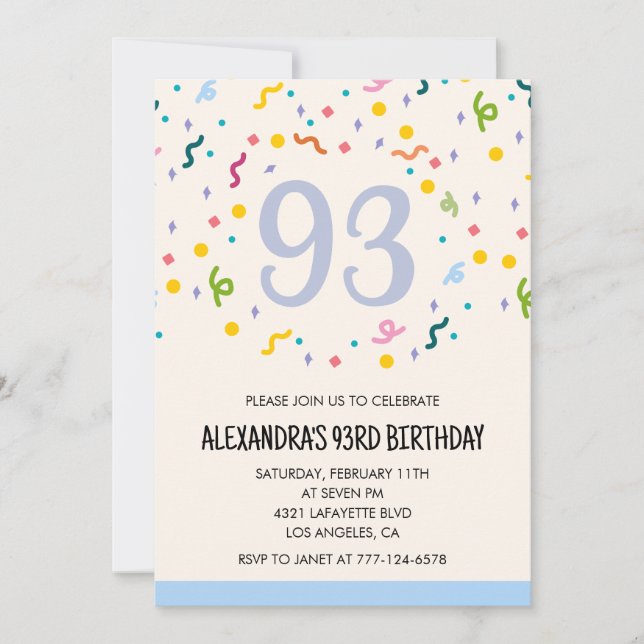 Invitaciones sencillas para cumpleaños 93 Confeti  (Anverso)