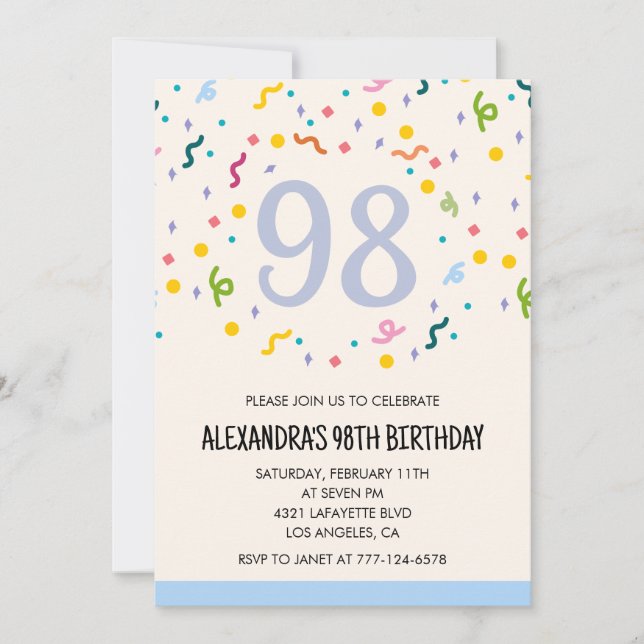 Invitaciones sencillas para cumpleaños 98 Confeti  (Anverso)