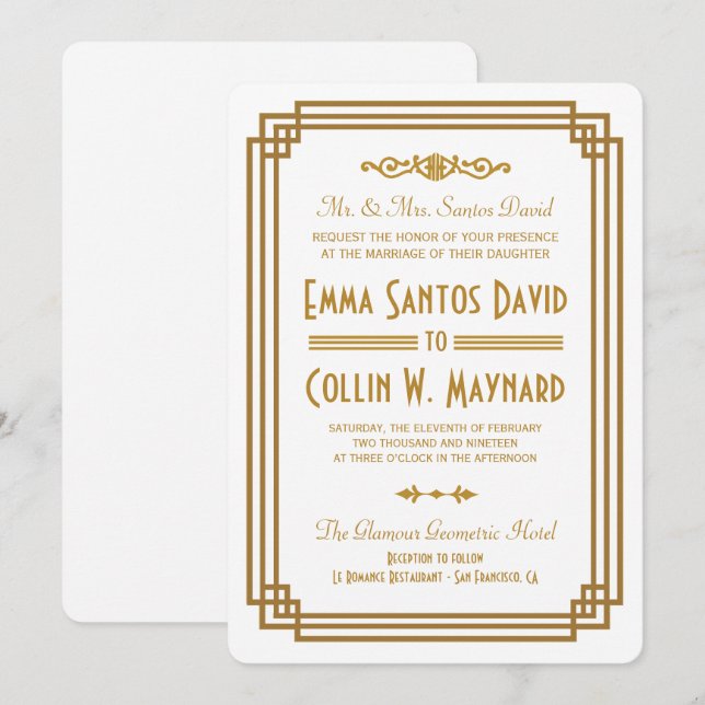 Invitaciones simples a la boda blanca en Art Deco (Anverso / Reverso)