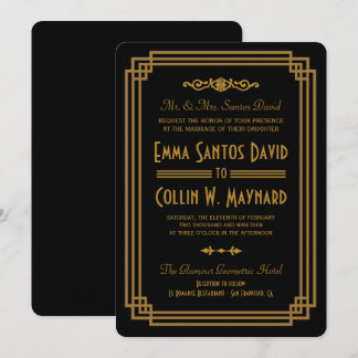 Invitaciones simples a la boda negra en Art Deco