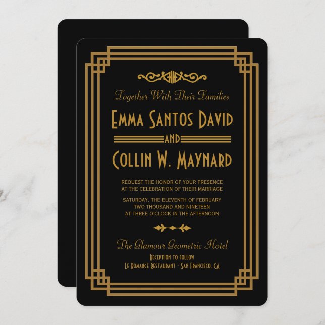 Invitaciones simples a la boda negra en Art Deco (Anverso / Reverso)