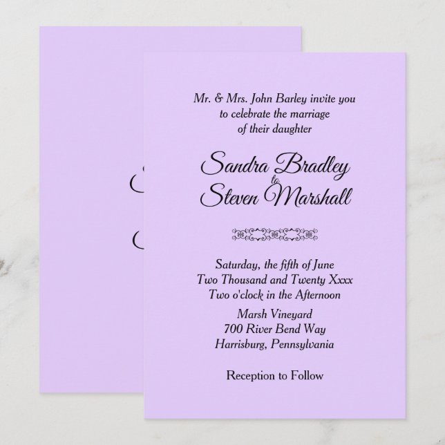 Invitaciones simples a la boda violeta (Anverso / Reverso)