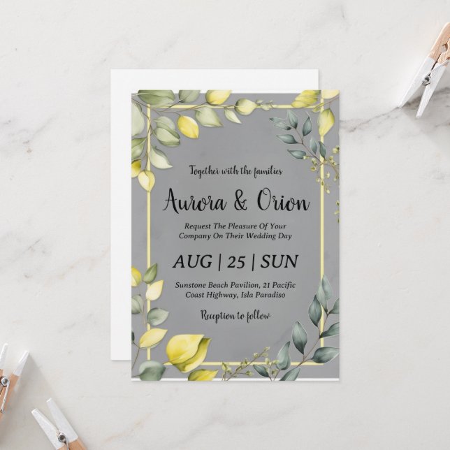 invitaciones simples de bodas amarillas y grises (Anverso/Reverso In Situ)