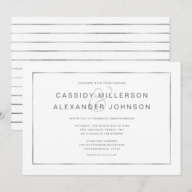Invitaciones simples de bodas de marco plateado (Anverso / Reverso)