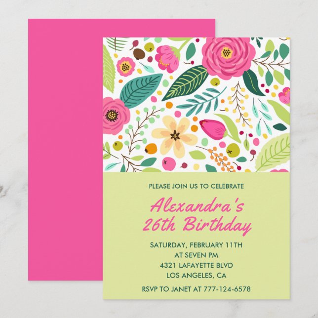 Invitaciones simples de cumpleaños 26 Floral Color (Anverso / Reverso)