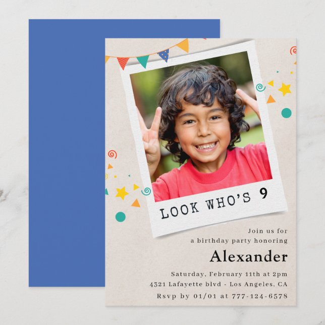 Invitaciones simples de cumpleaños número 9 con fo (Anverso / Reverso)