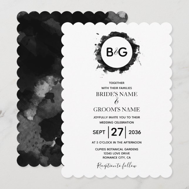 Invitaciones simples de la boda blanca negra (Anverso / Reverso)