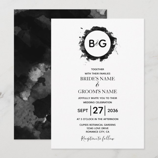 Invitaciones simples de la boda blanca negra (Anverso / Reverso)