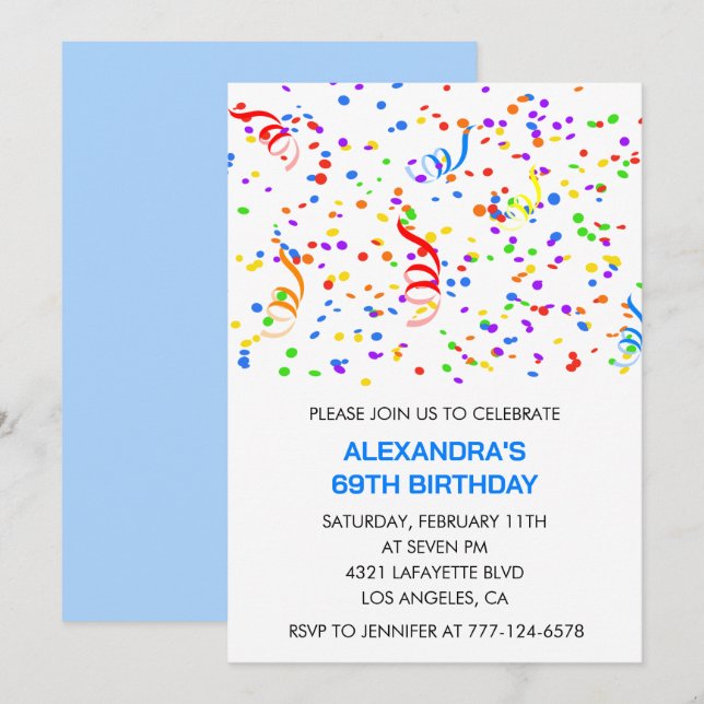 Invitaciones simples para cumpleaños 69 Confeti Ar (Anverso / Reverso)