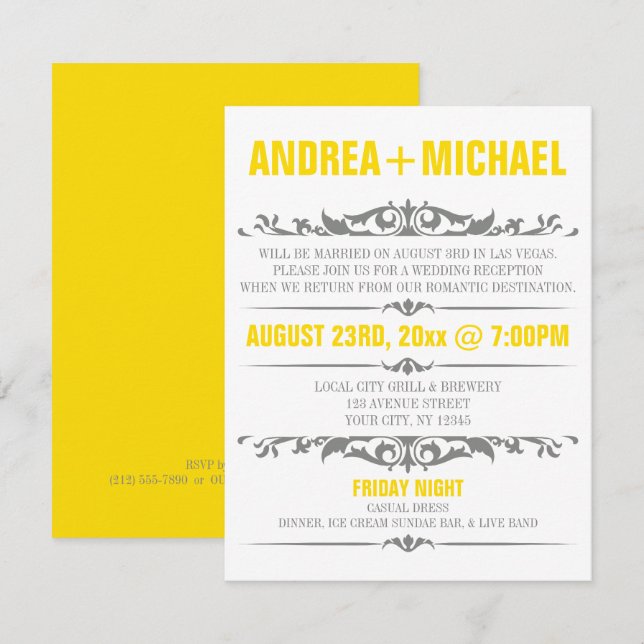Invitaciones SOLO para Recepción de Boda Amarillo  (Anverso / Reverso)