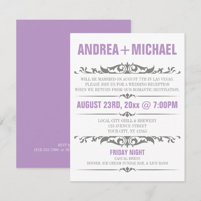 Invitaciones SOLO para recepción de boda morado y  (Anverso / Reverso)