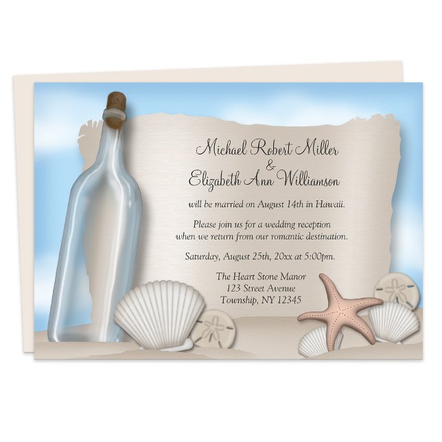 Invitaciones solo para recepción en la playa de Bo (Message Bottle Beach Reception Only Invitations from Starzraven on Zazzle. Digital option available.)