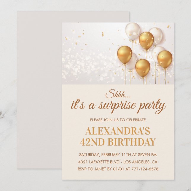invitaciones sorpresa de cumpleaños 42 doradas (Anverso / Reverso)