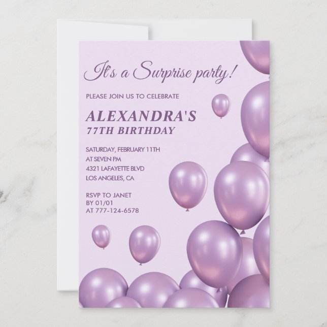 invitaciones sorpresa de cumpleaños 77 Globos Mora (Anverso)