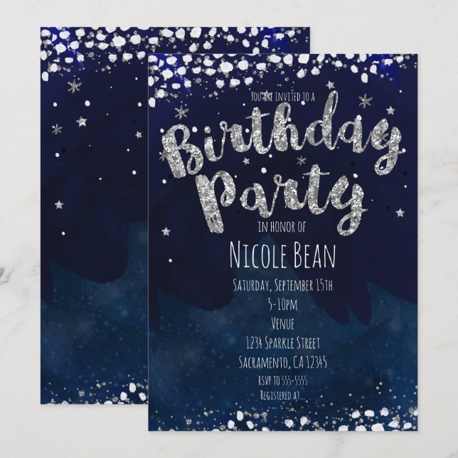 Invitaciones Starry Blue & Silver de fiesta de cum (Anverso / Reverso)