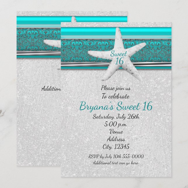 Invitaciones Sweet 16 de playa con estrella de mar (Anverso / Reverso)