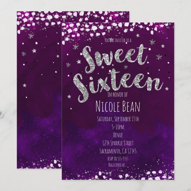 Invitaciones Sweet 16 Noche Estrellada de Morado y (Anverso / Reverso)