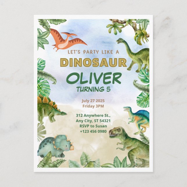 Invitaciones Tarjetas de Cumpleaños Dinosaurio Din (Anverso)
