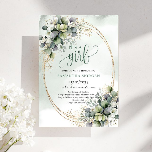 Invitaciones Tema Dorado Verde Acuarela Es Una Niñ (Watercolor Greenery Gold Theme It’s A Girl Invitation)